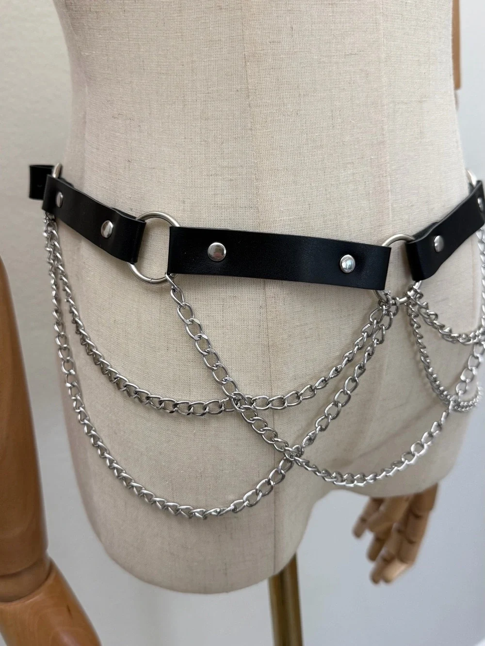 Black Faux Leather Chain Waist Belt Adjustable Punk Goth Festival Body Chain